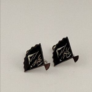 Vintage Sterling Silver Japanese Damascene Elegant Black Fan-Shaped Earrings